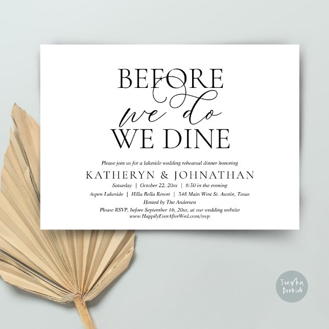 Invitation Avant De Le Faire, Nous Dînons, Dîner De Répétitio (Before We Do, We Dine, Wedding Rehearsal Dinner Invitation Card, PDF, in Romantic Script, Black)