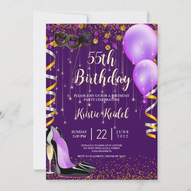 Invitation avec ballons violets et dorés et champa (Devant)