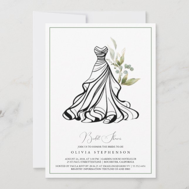 Invitation avec feuillage d'eucalyptus et robe de  (Devant)