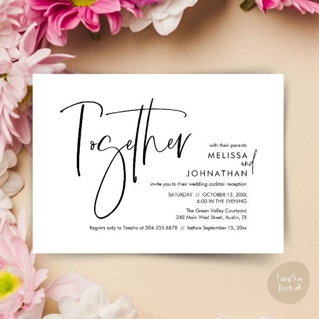 Invitation Avec leurs parents, Réception de mariage (Together with their parents, Wedding Reception Invitation Card PDF Modern clean black white)