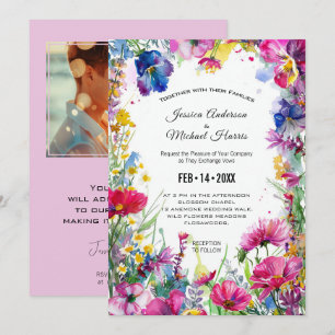 Invitation Avec photo, fleurs de prés roses