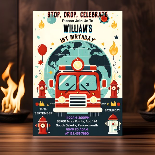 Invitation Avec Red Hot Fire Truck Engine Safety 1er annivers (Créateur téléchargé)