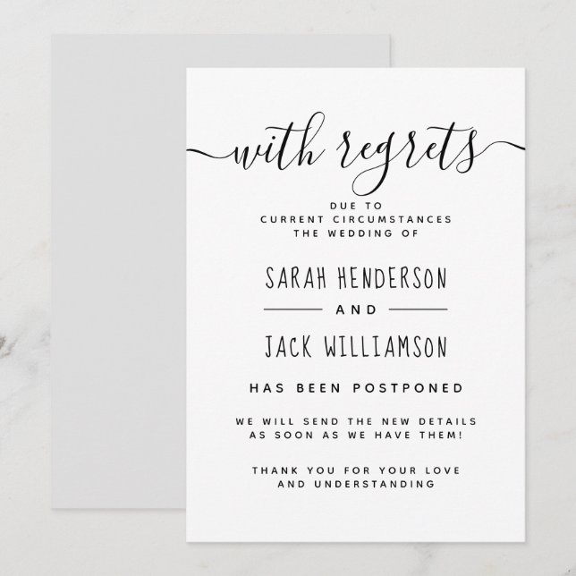 Invitation "Avec Regrets" Annonce de Mariage Reporté B & N (Devant / Derrière)
