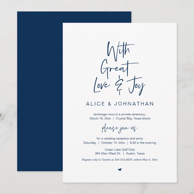 Invitation Avec un grand amour, Joie, Bleu marine, Fuite de m (Devant / Derrière)