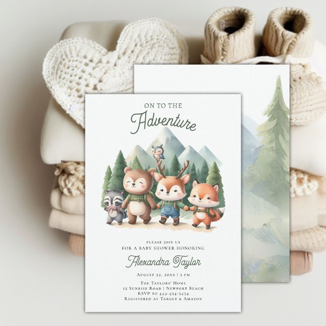 Invitation Aventure Animaux des bois Baby shower neutre (woodland adventure gender neutral baby shower invitation mountain forest cute animals hiking modern)