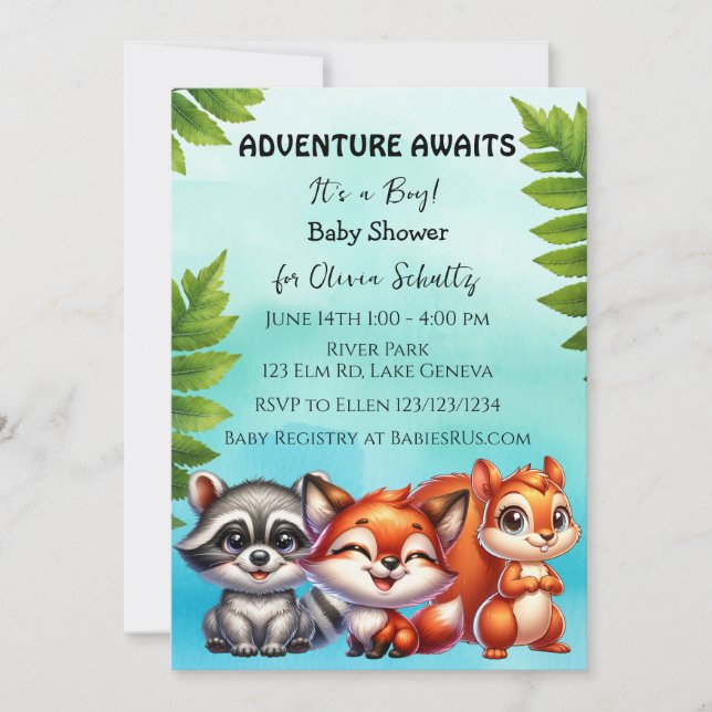Invitation Aventure Attend | Baby shower des créations forest (Devant)
