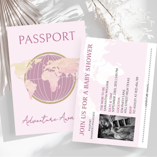 Invitation Aventure Attente Passeport Fille Baby shower Voyag (Créateur téléchargé)