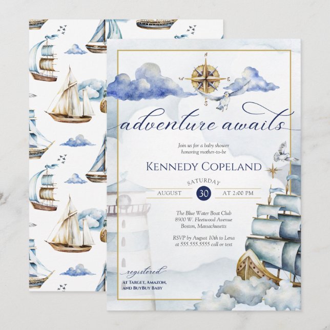 Invitation Aventure Await - Baby shower Nautical Dream Ship (Devant / Derrière)
