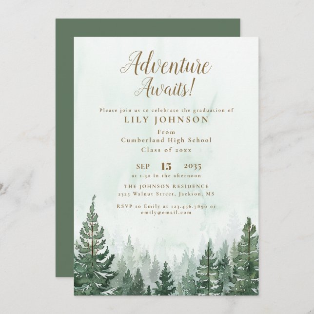 Invitation Aventure Await Pine Tree Forest Graduation Party (Devant / Derrière)