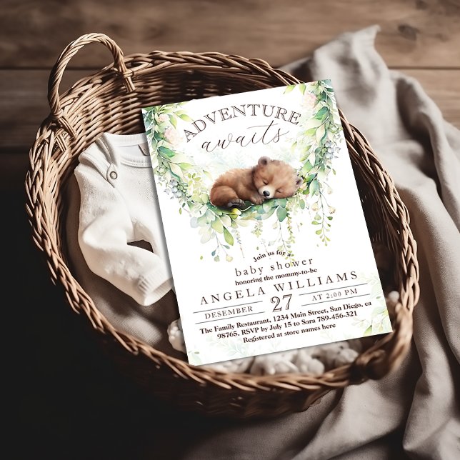 Invitation Aventure Await Woodland Ours Baby shower de verdur (Créateur téléchargé)