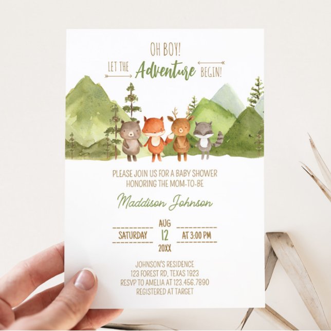 Invitation Aventure Begin Forest Mountain Baby shower (Let the Adventure Begin Baby Shower Invitation)