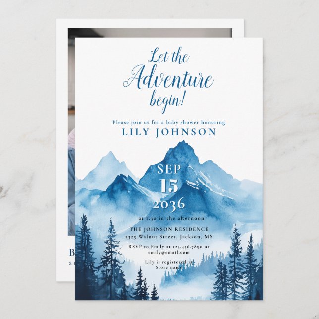 Invitation Aventure Begin Mountain Baby shower Photo QR Code (Devant / Derrière)