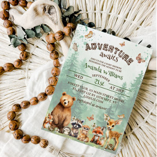 Invitation Aventure commence animaux de la forêt baby shower