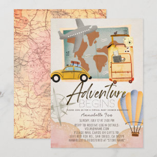 Invitation Aventure commence Voyage Baby shower virtuel rose