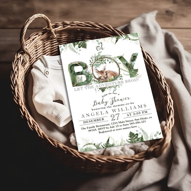 Invitation Aventure Commencer Woodland Deer Baby Boy Shoy (Créateur téléchargé)