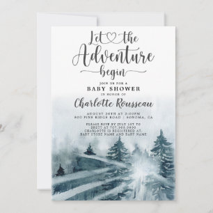 Invitation Aventure en forêt, baby shower aquarelle bleu-vert