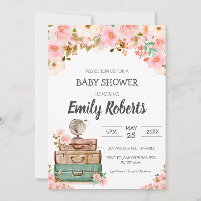 Invitation Aventure Voyage Floral verdure fille Baby shower (Devant)