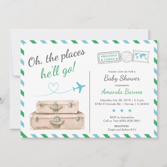 Invitation Avion avion Green Blue Travel Boy Baby shower (Devant)