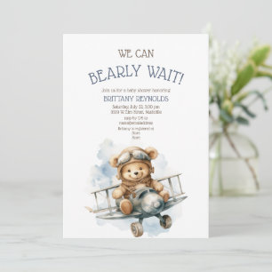 Invitation Avion d'attente rapide Vol Ours Baby shower bleu