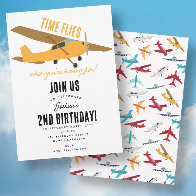 Invitation Avion Jaune Enfants 1er Anniversaire Fête Fête Vol (Yellow Airplane Kids 1st Birthday Party Time Flies Invitation)