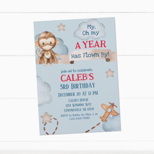 Invitation Avion Monkey Pilote Temps Vol Garçons Anniversaire (Créateur téléchargé)