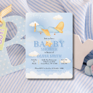 Invitation Avion, Nuages & Étoiles, Bleu, Petit Garçon, Migno