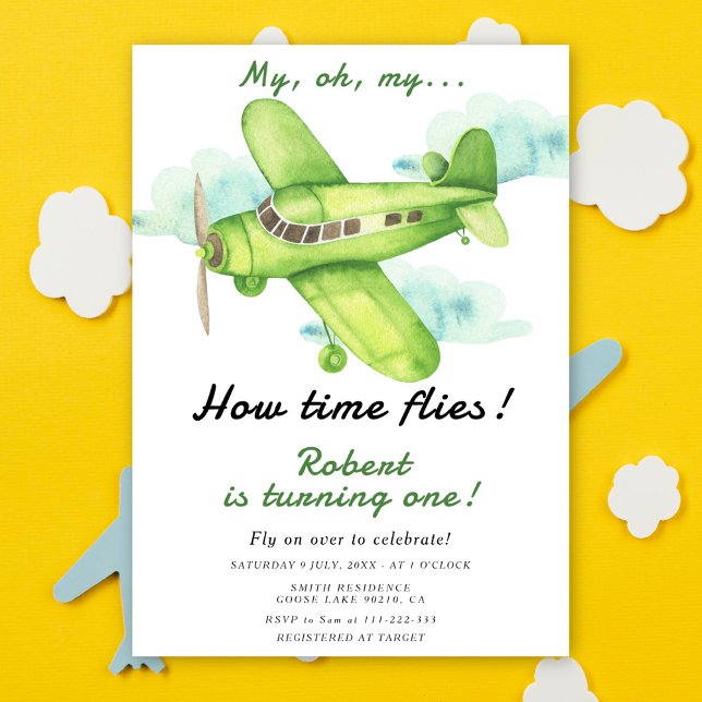 Invitation Avion Oh Mon Temps Vol Voyage Premier Anniversaire (Créateur téléchargé)