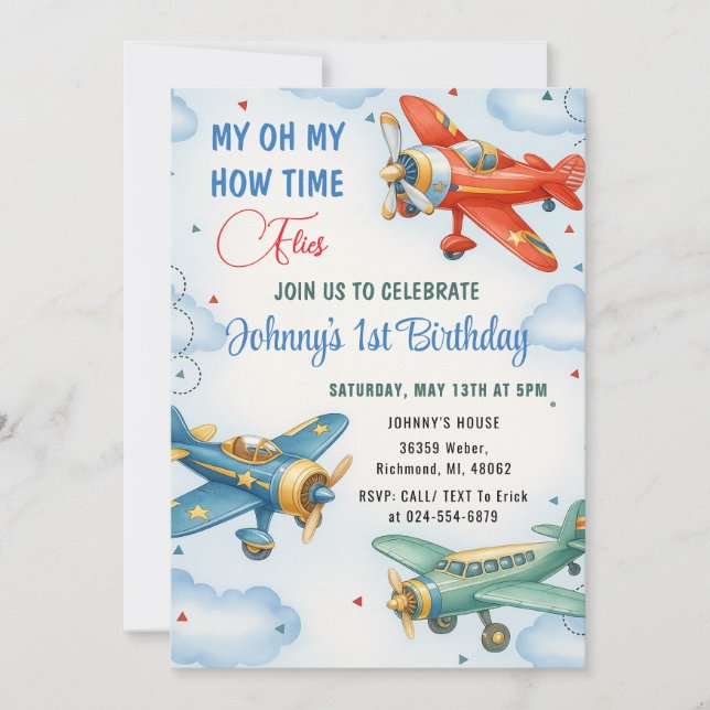 Invitation Avion personnel 1ère fête d'anniversaire (Devant)