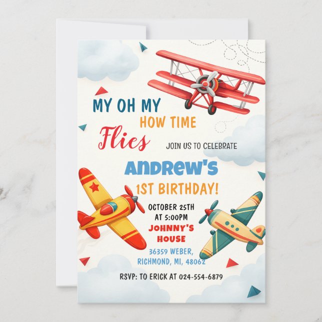 Invitation Avion personnel Vol 1er anniversaire pour enfant (Devant)