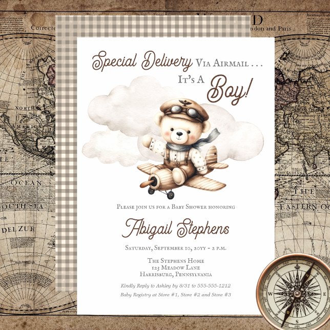 Invitation Avion Teddy Bear Baby shower de livraison spécial (Cute "Special Delivery Via Airmail . . . It's A Boy!" Teddy Bear | Airplane Baby Shower Invitation)