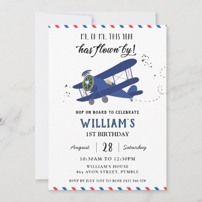Invitation Avion Vintage Blue Gold    BirthdayInvit (Devant)