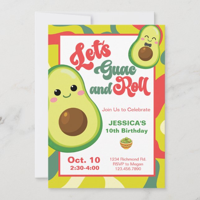 Invitation Avocado fête d'anniversaire Enfants vert rouge Ann (Devant)
