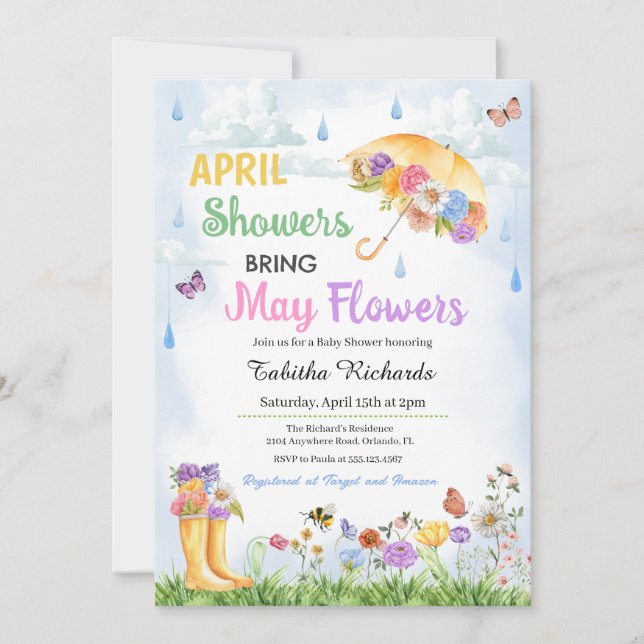 Invitation Avril Douches Apportent Mai Fleurs Baby shower de  (Devant)