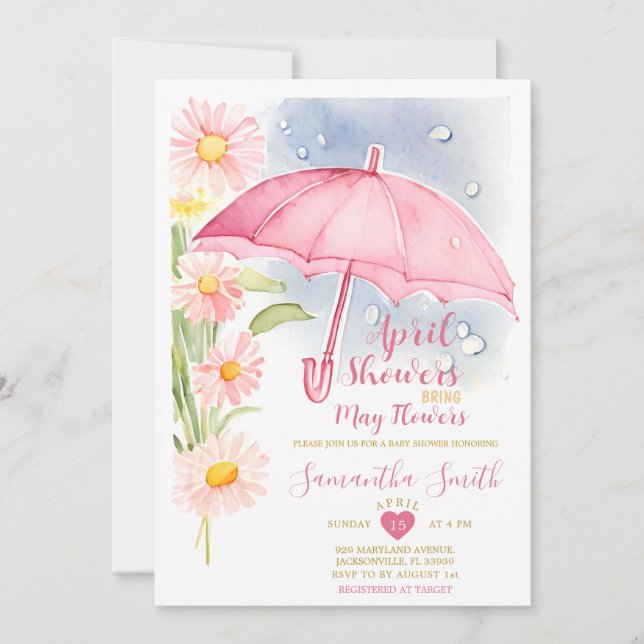 Invitation Avril Douches Apportent Mai Fleurs Parapluie Rose (Devant)