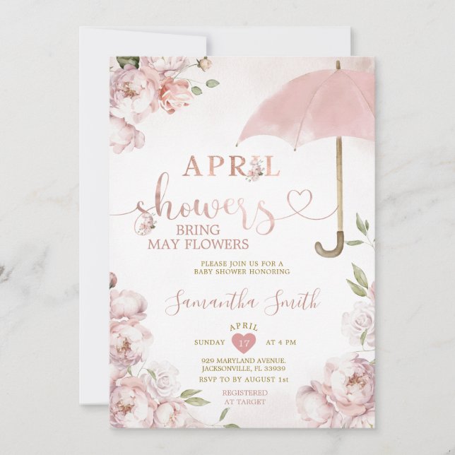 Invitation Avril Douches Apportent Mai Fleurs Parapluie Rose (Devant)