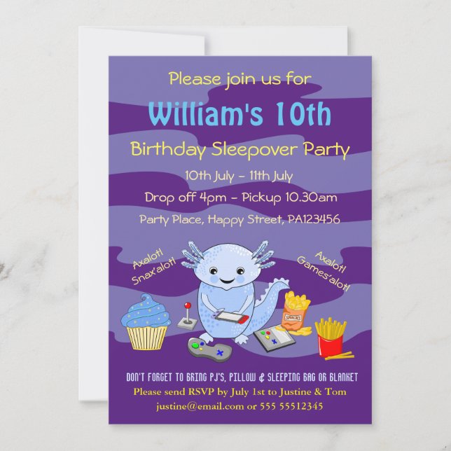 Invitation Axalotl Sleepover Anniversaire (Devant)