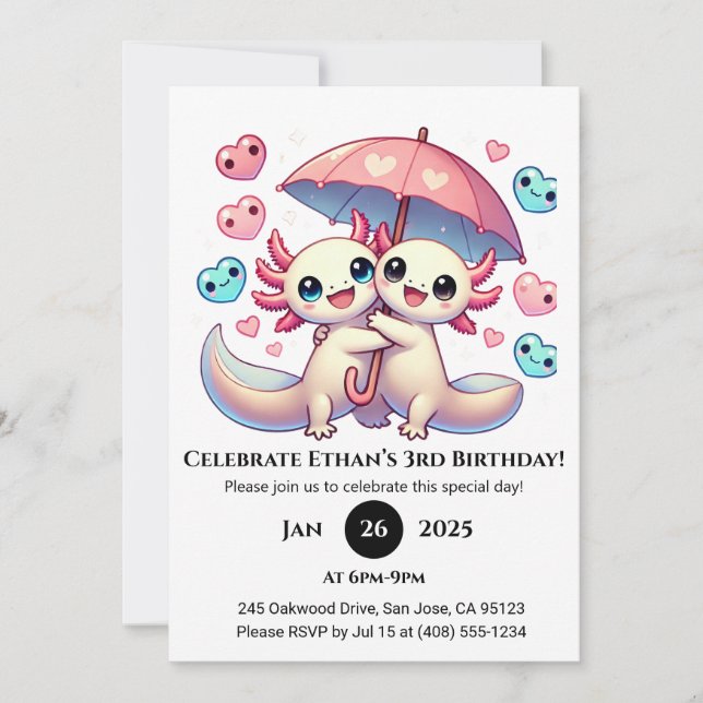 Invitation Axolotl Couple avec parapluie Anniversaire (Devant)