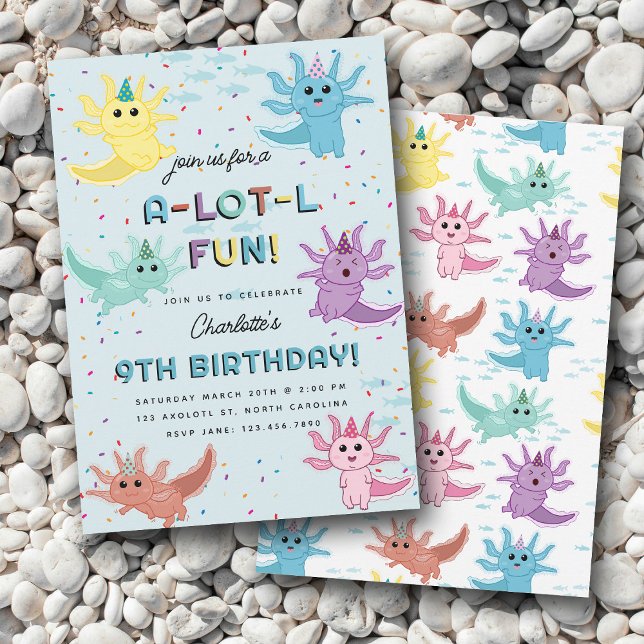 Invitation Axolotl Kids Cute Salamander Blue Anniversaire (Axolotl Kids Cute Salamander Blue Birthday Party Invitation)