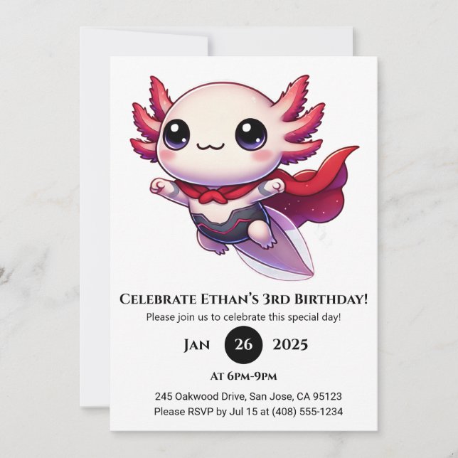 Invitation Axolotl Superhero in Armor Birthday (Devant)