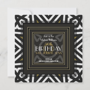 Invitation Aztec Boho Cool Noir Blanc Or 50e Anniversaire