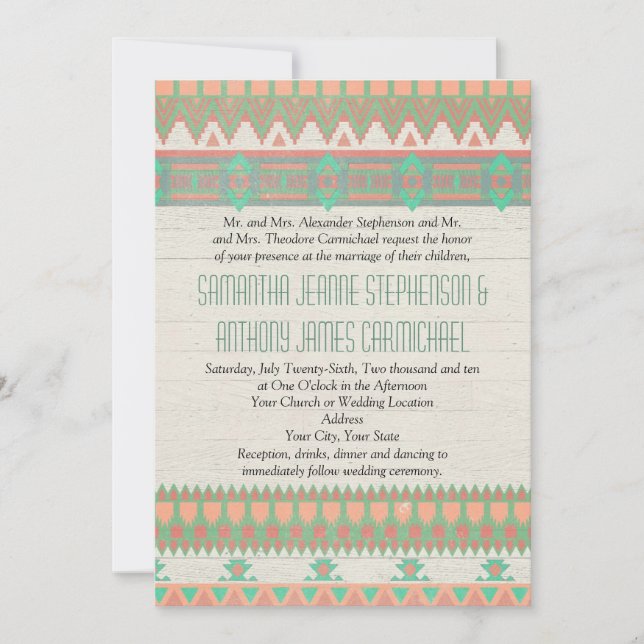 Invitation Aztec Tribal Native Pastel Peach/Aqua (Devant)