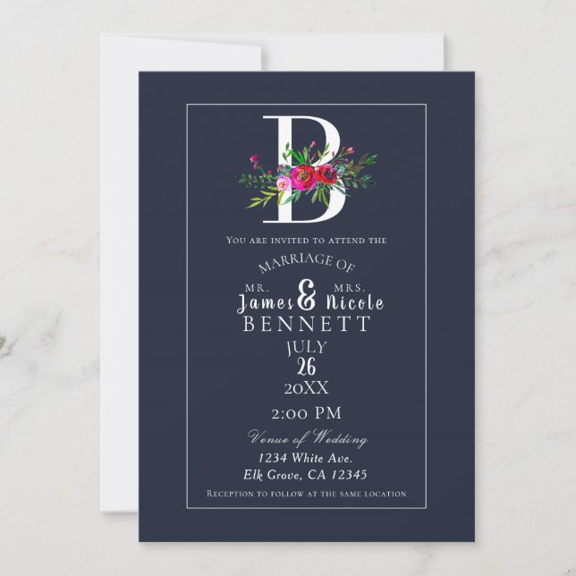 Invitation B Monogramme Dernier initial bleu Floral Mariage (Devant)