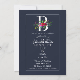 Invitation B Monogramme Dernière Initiale Moderne Bleu Floral