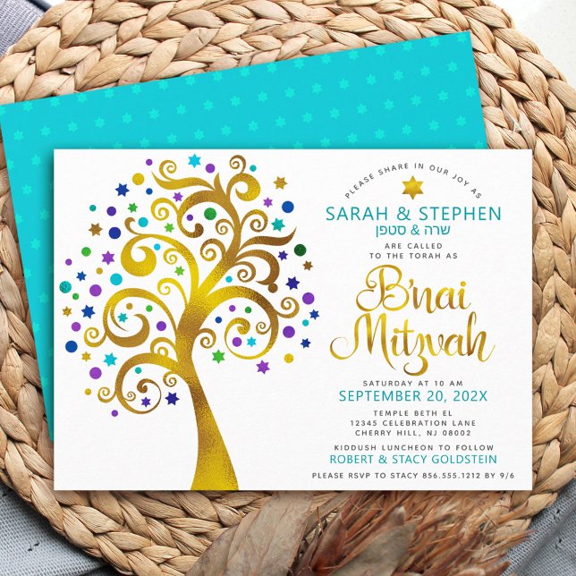 Invitation B’nai Mitzvah Turquoise Gold Foil Arbre de vie (Créateur téléchargé)