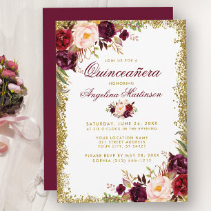 Invitation B Quinceañera Burgundy Florale Pailleté