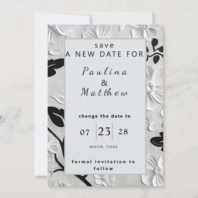 Invitation B & W Florals Changer la date du Mariage (Devant)