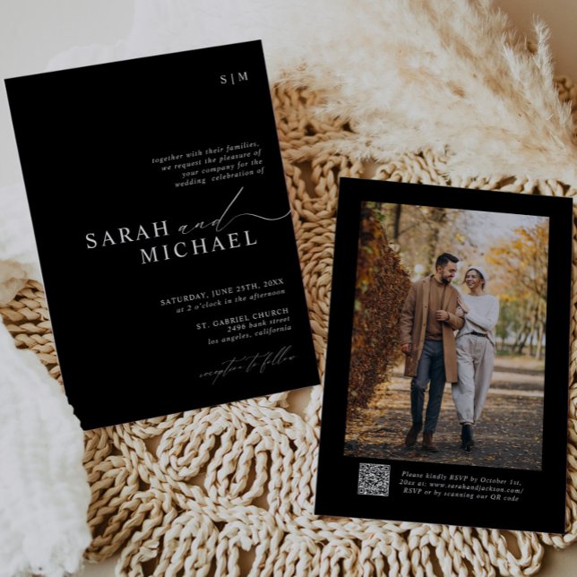 Invitation B&W minimal élégant script moderne QR Code Mariage (Créateur téléchargé)
