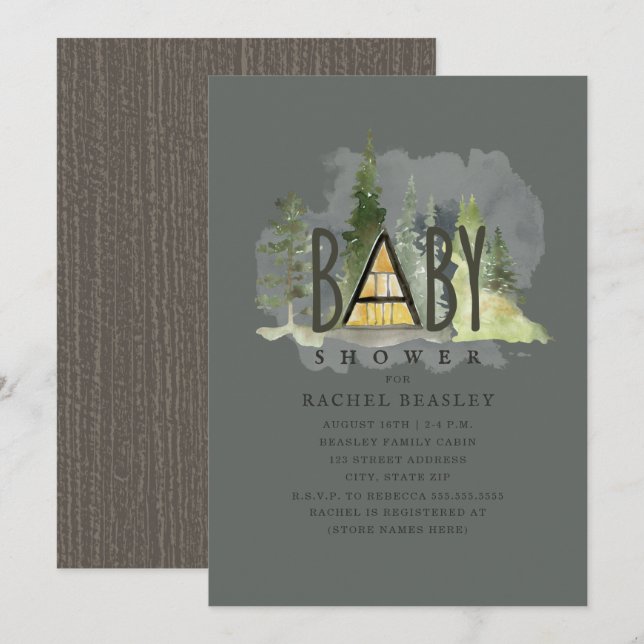 Invitation Baby A Frame Woodland Cabine Dark Baby shower (Devant / Derrière)
