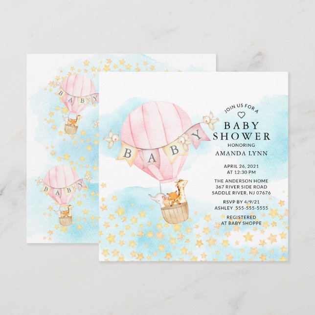 Invitation Baby Animals Hot Air Balloon Ride Girl Baby shower (Devant / Derrière)