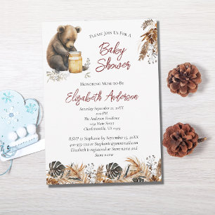 Invitation Baby Bear Boho Marron Floral Fête de Naissance
